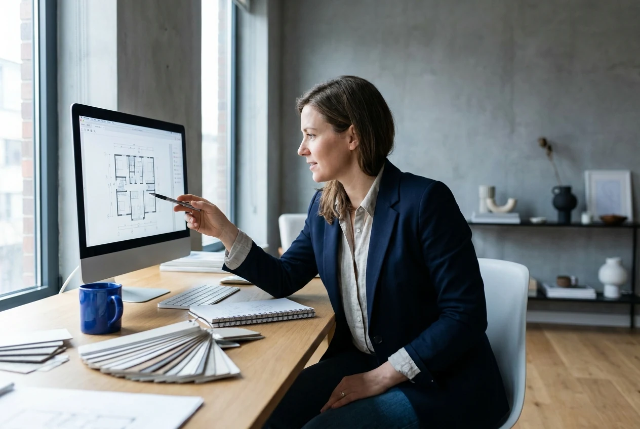 An interior designer reviewing a floor plan on a studio monitor