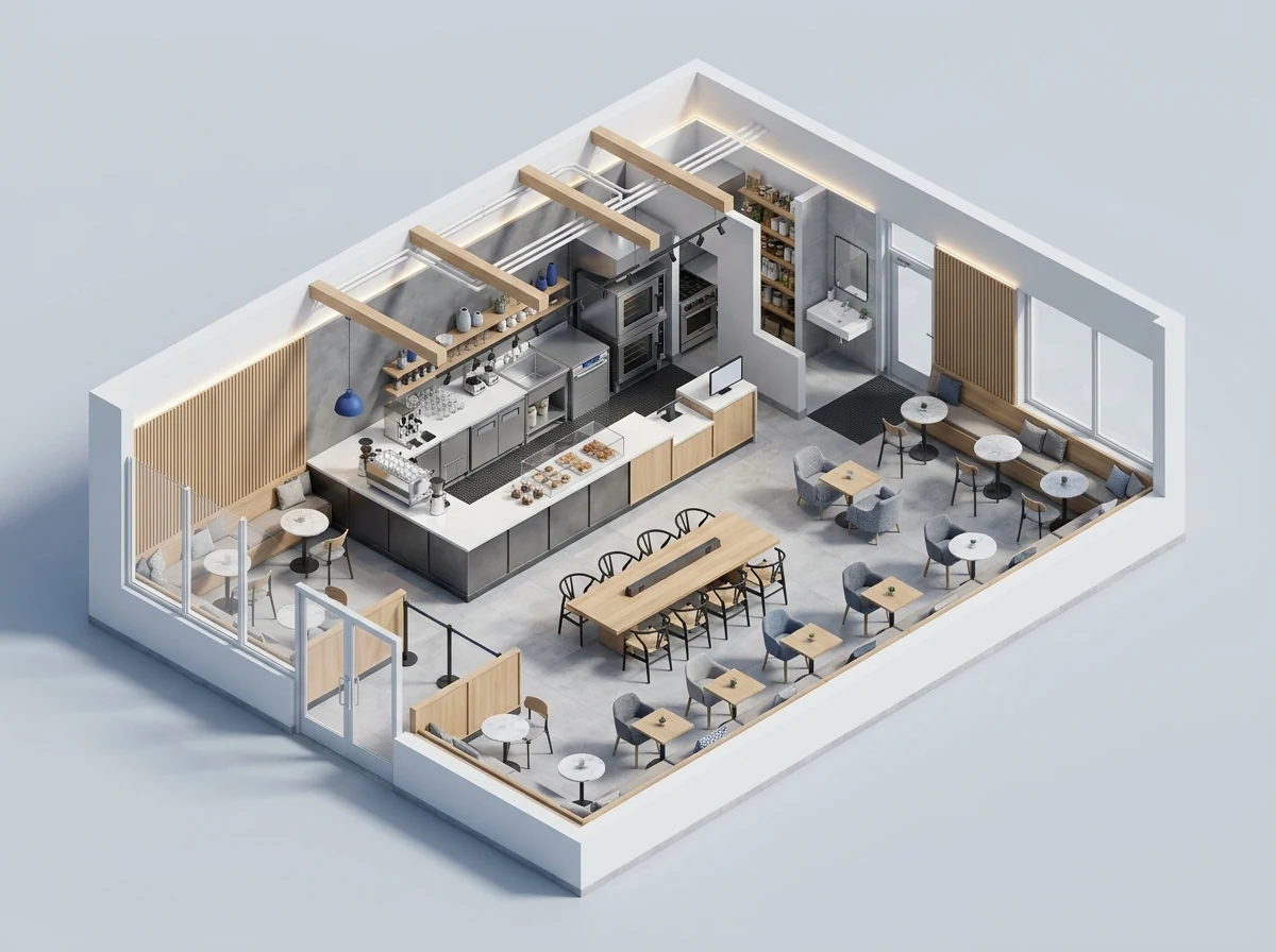 Axonometric furnished floor plan for Neighborhood café