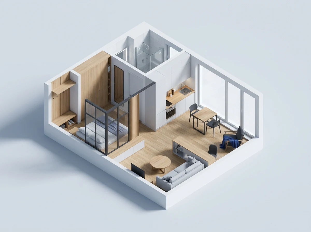 Axonometric furnished floor plan for Open-plan studio